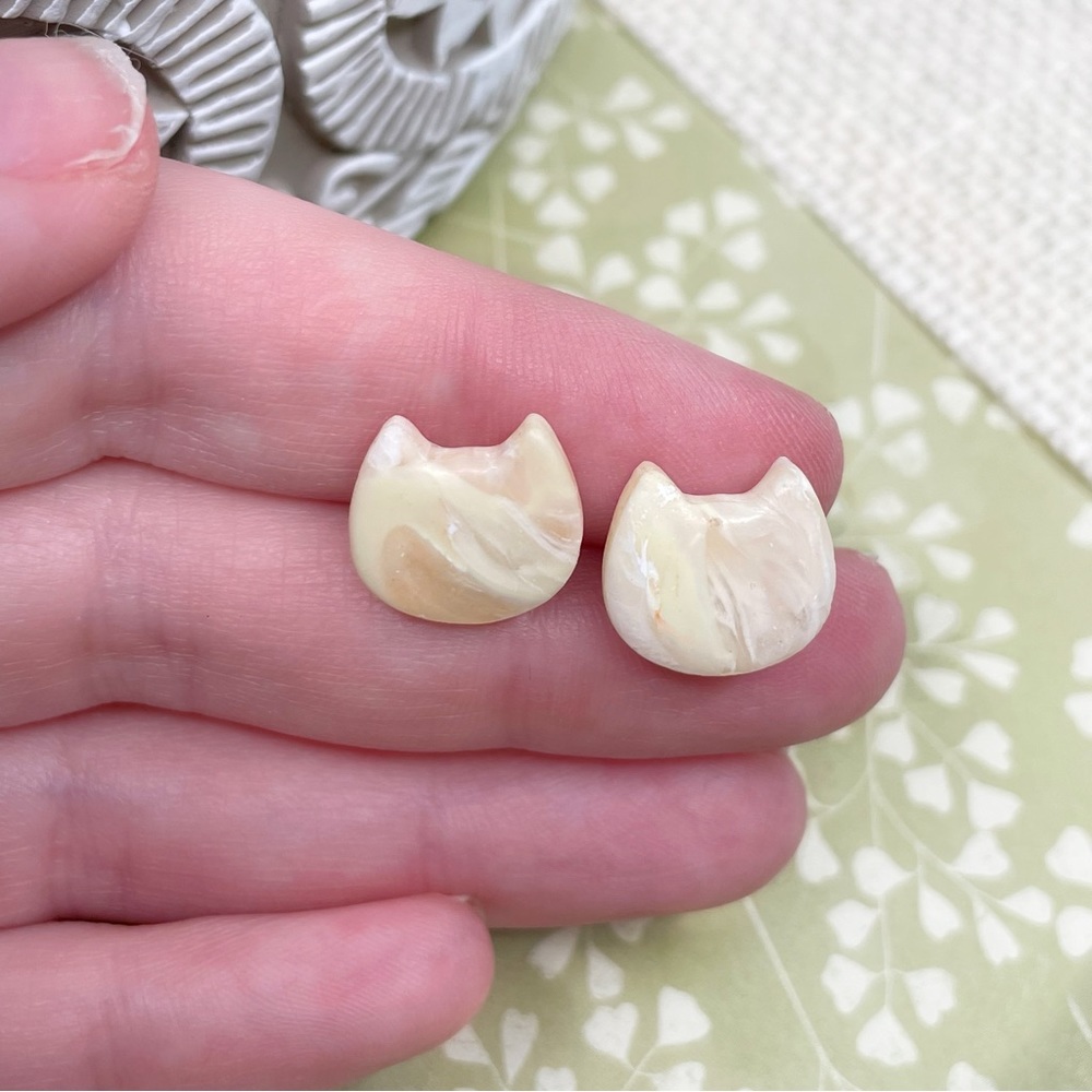 Handmade Cat Stud Earrings - White Opal/Marble Effect